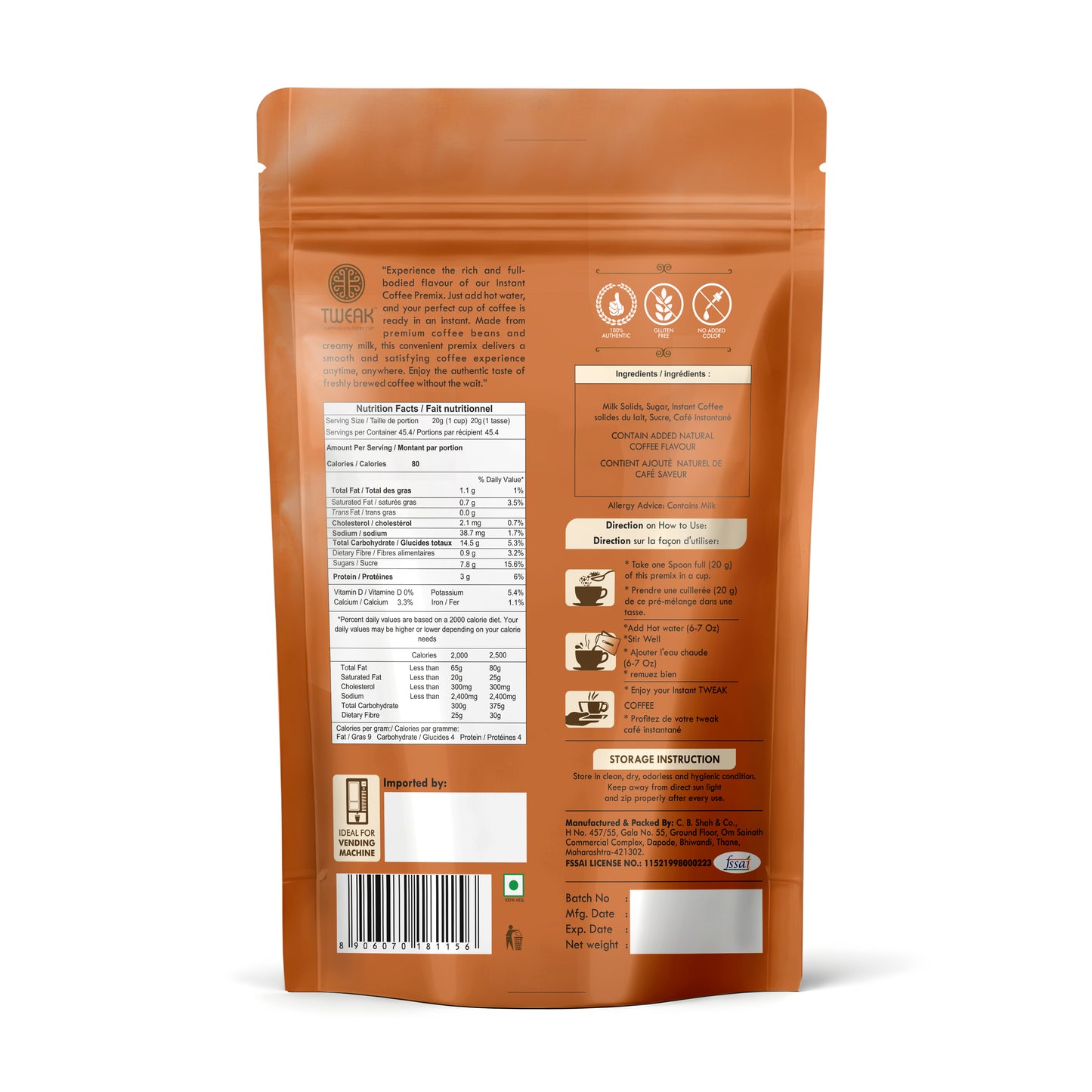 Back pouch of South Indian filter coffee premix showing preparation instructions, nutrition and ingredients