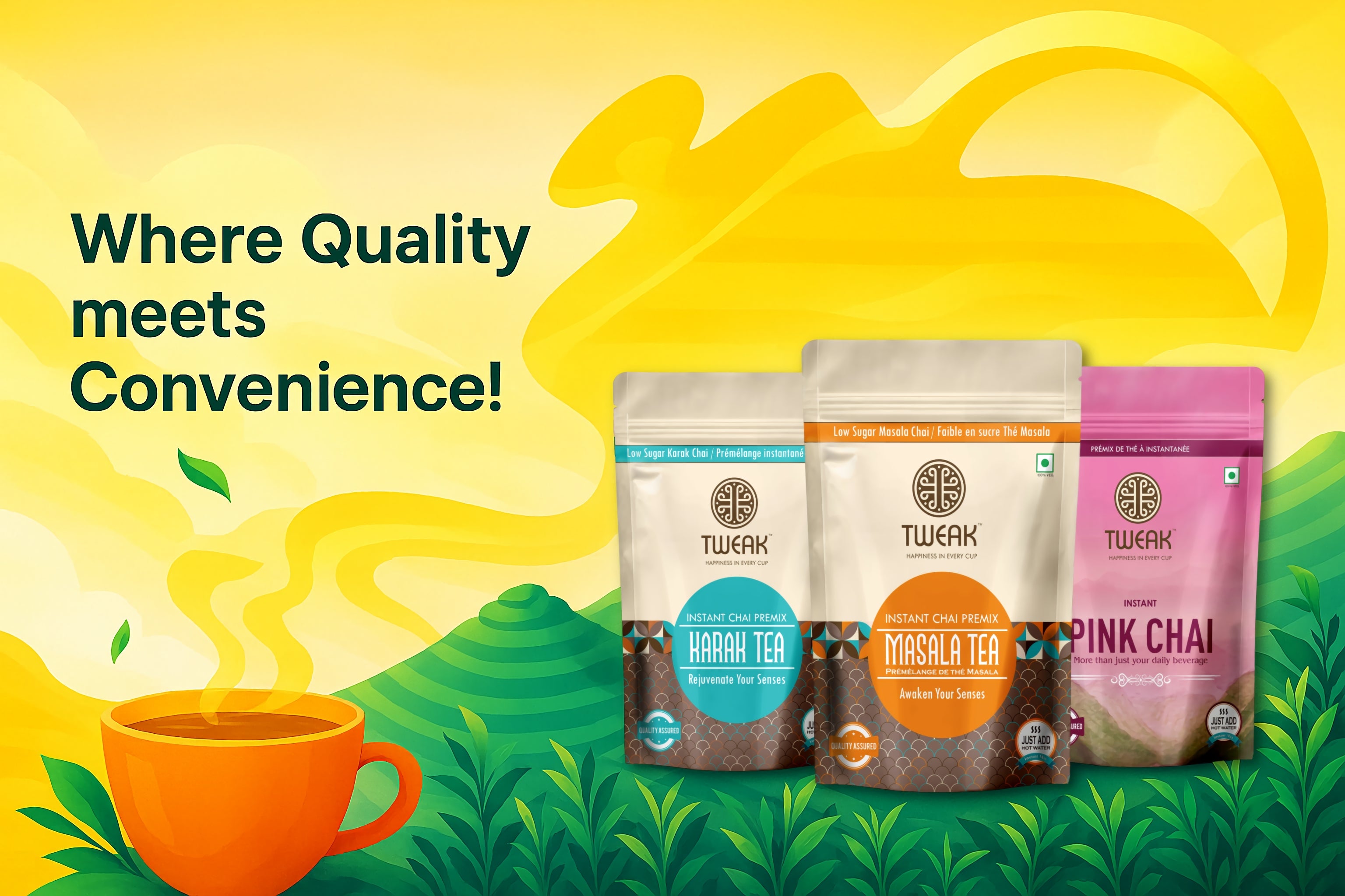 Chai City promotional banner with vibrant yellow background, showcasing three instant chai premix pouches — Karak Tea, Masala Tea, and Pink Chai — in a tea garden setting with the tagline “Where Quality meets Convenience!”