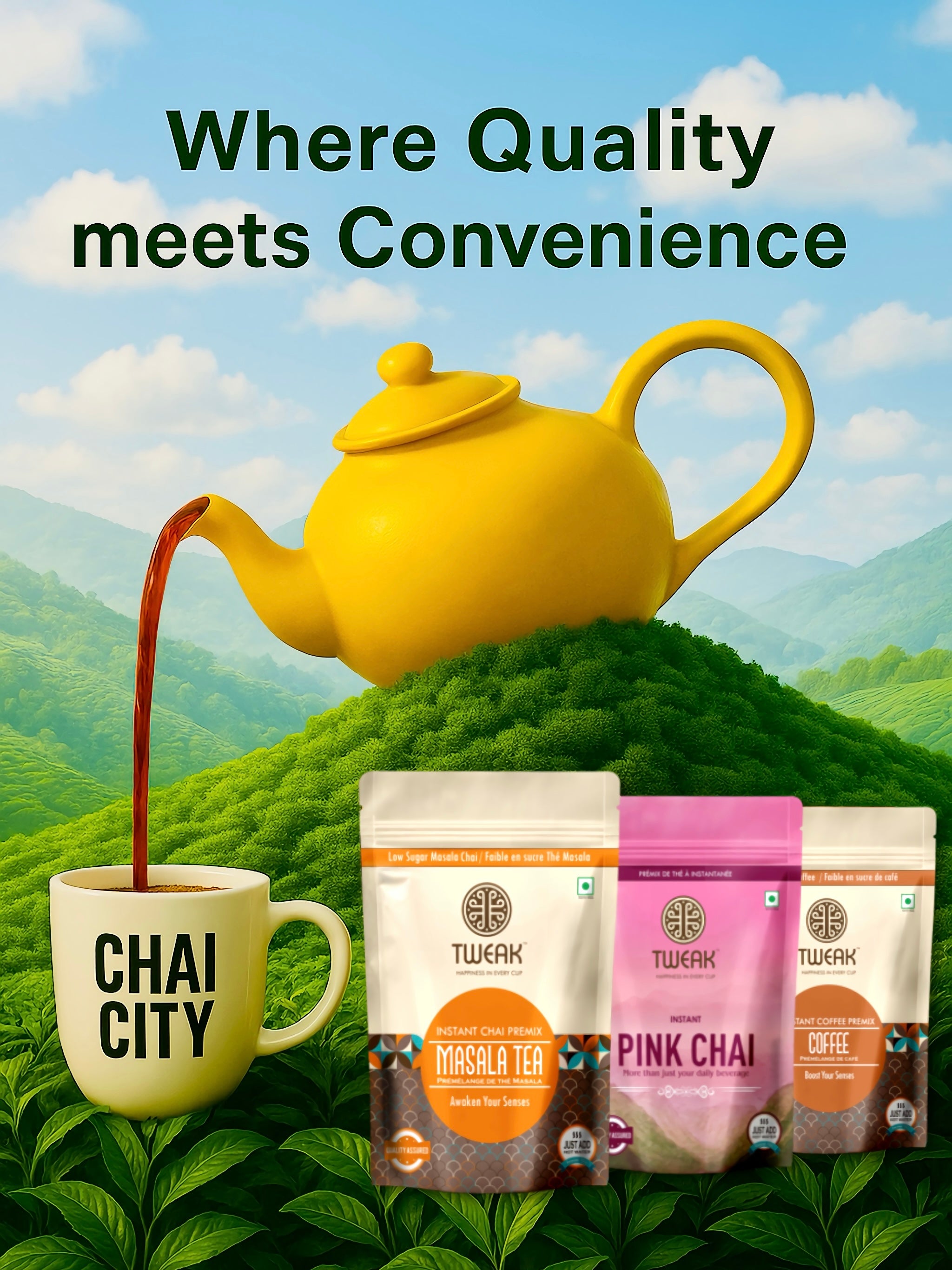 Chai City featuring a yellow kettle pouring chai into a branded cup, with tea fields in the background and three instant premix packs — Masala Tea, Pink Chai, and Filter Coffee — displayed in the foreground. Text reads “Where Quality meets Convenience.”