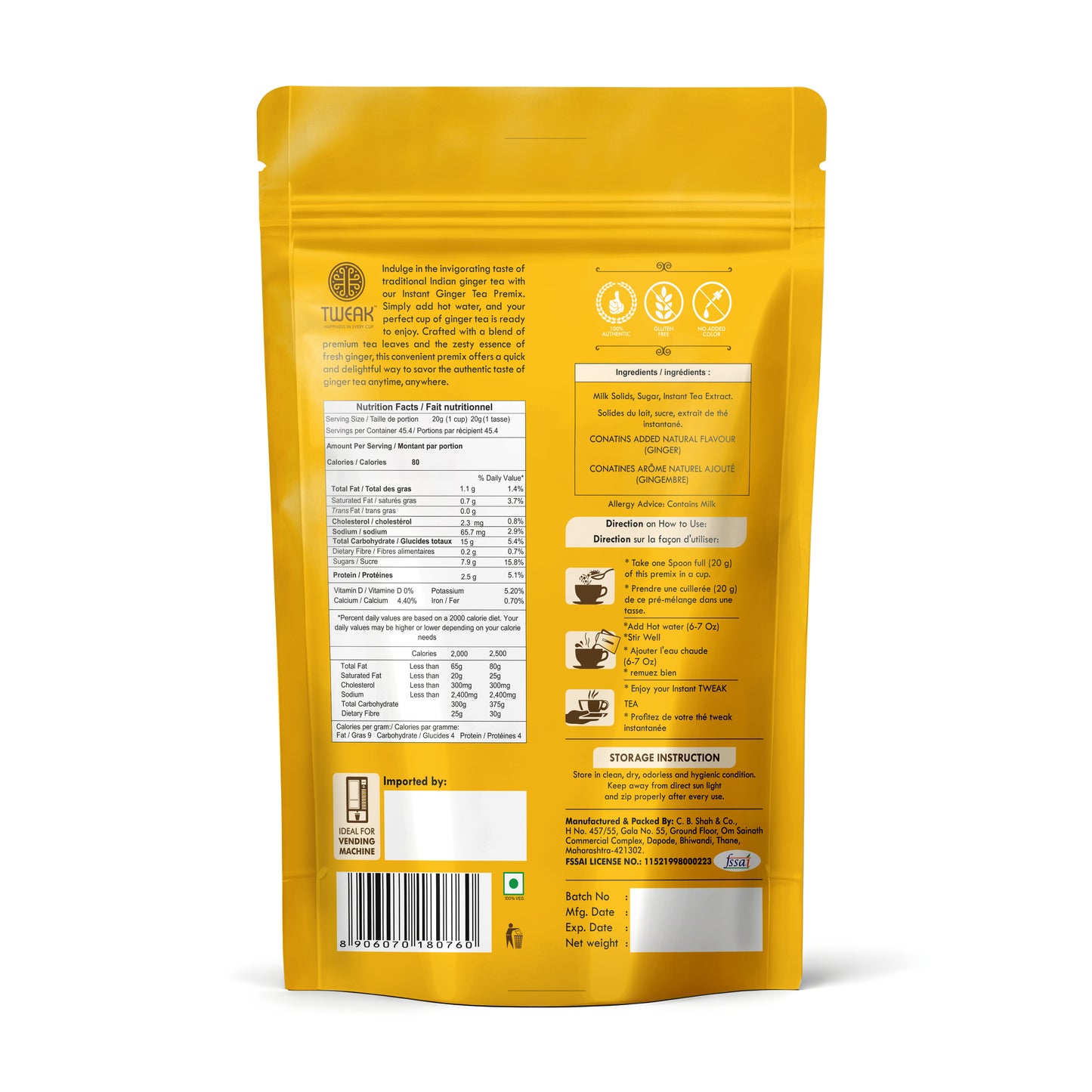 Back of Ginger Tea showing ingredients, nutrition, and directions