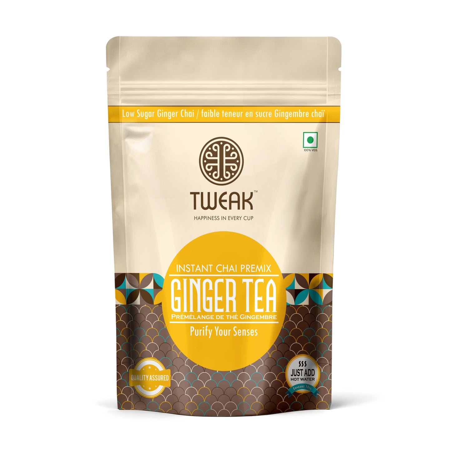 Front pouch of Instant Ginger Chai Tea Premix with label and branding