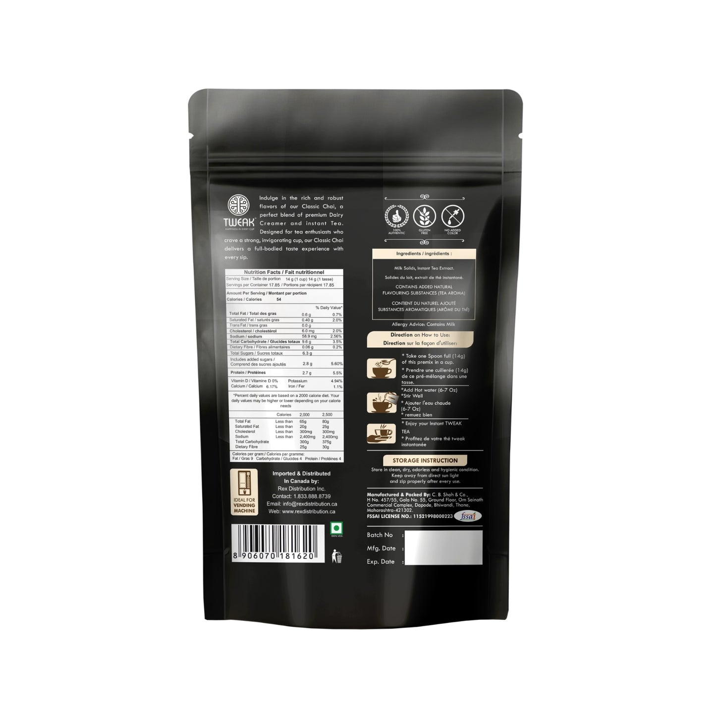Back of Classic Chai pouch showing ingredients and instructions
