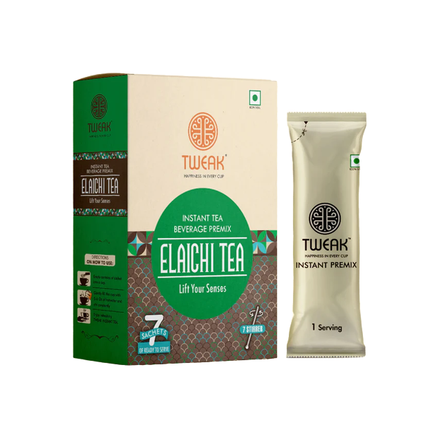 Front of Instant elaichi chai sachet pack with aromatic cardamom and tea extract