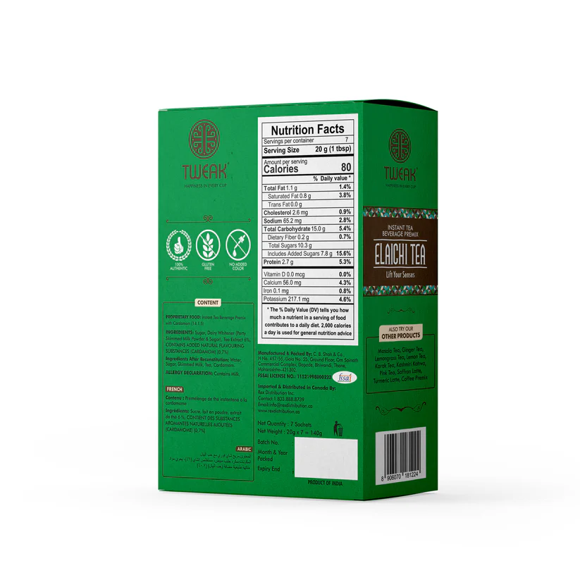 Back of the sachet pack showing ingredients, directions, and nutritional info for cardamom tea premix sachets