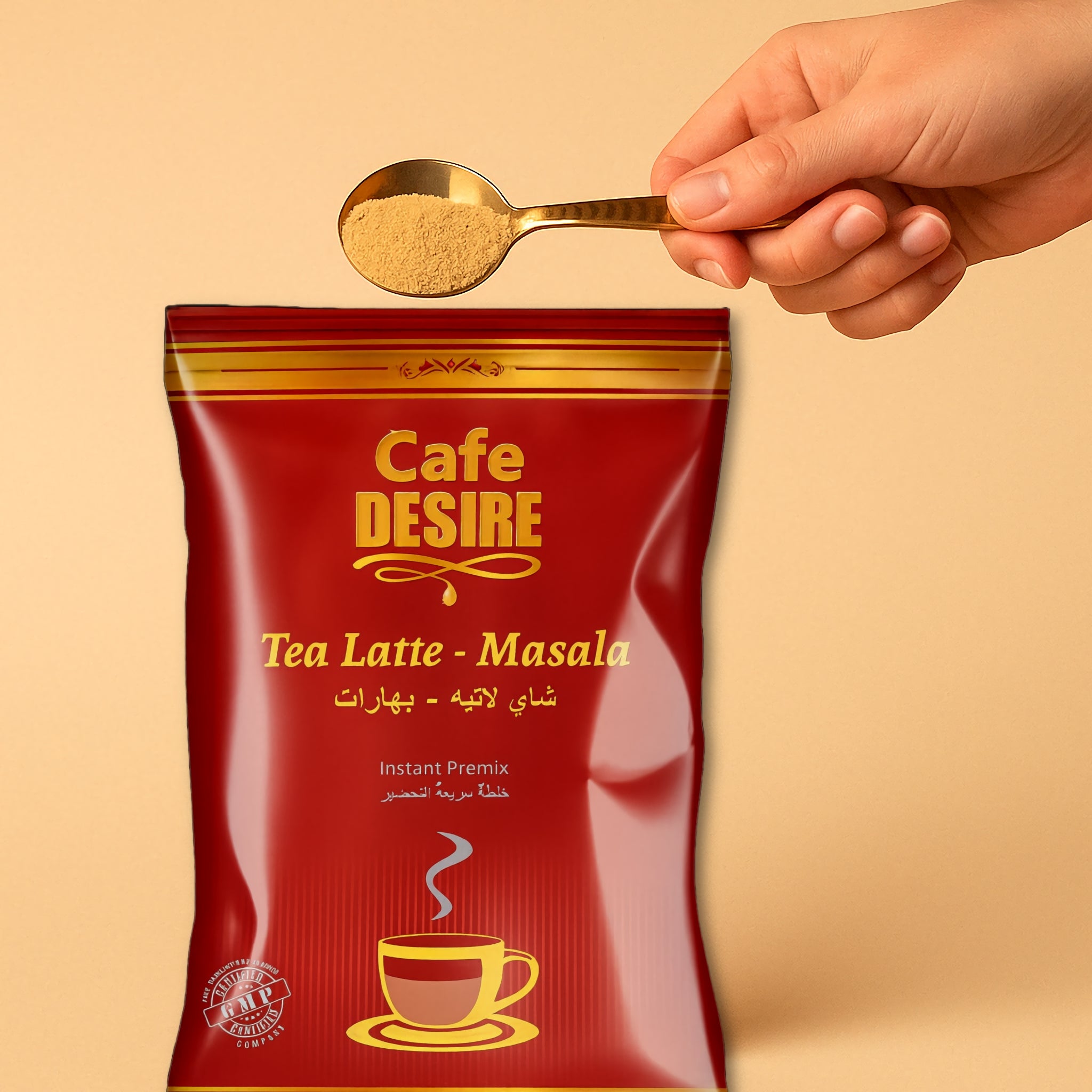 A spoonful of kashmiri pink chai premix being held above the product pouch, showing simple preparation of pink tea.