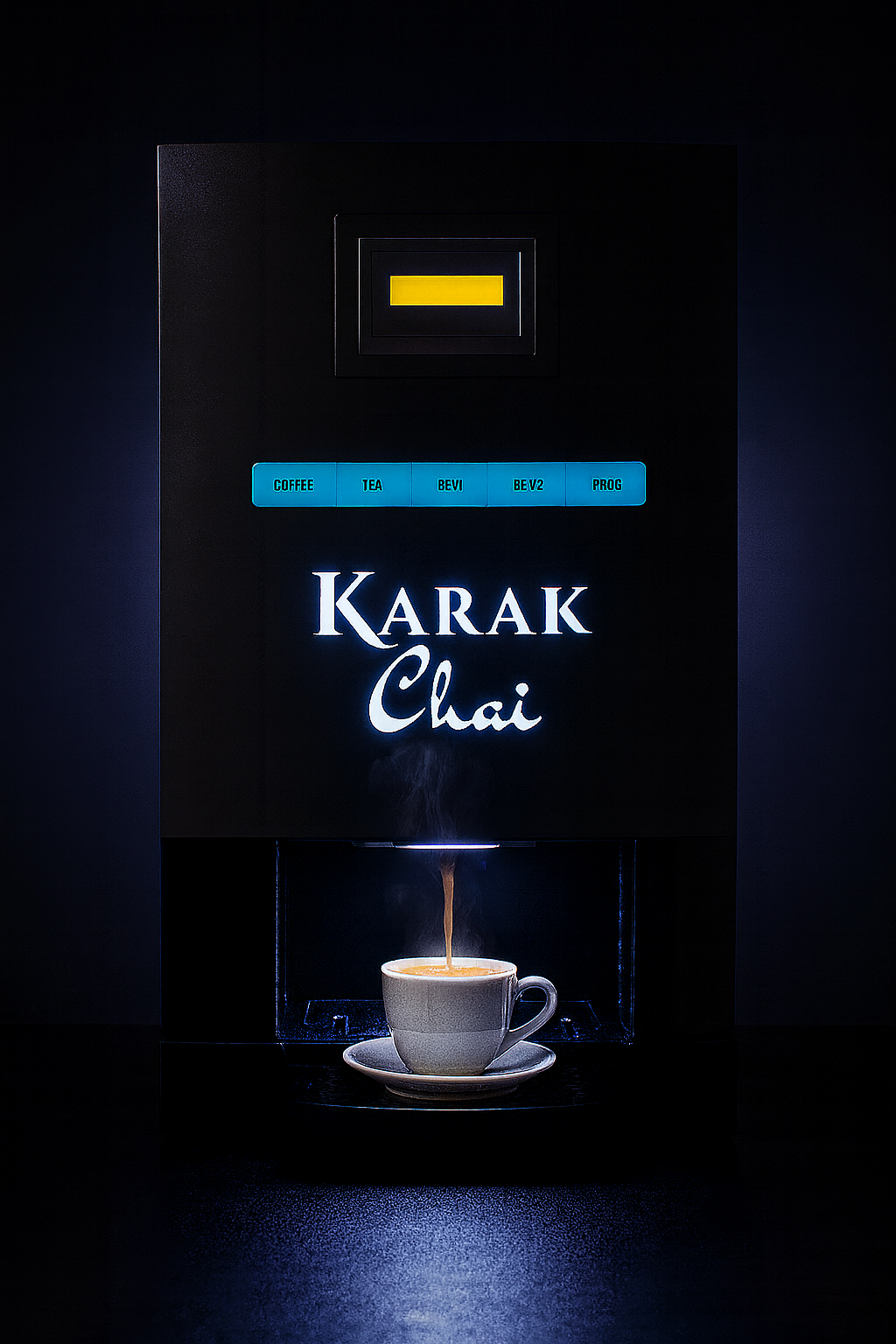Front view of premium 2 Flavour Instant Chai Machine with tea and coffee dispensing buttons