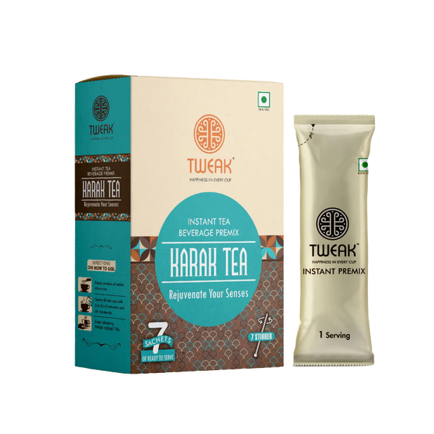 Front of Instant Karak Chai Sachet box, highlighting bold black tea and creamy Indian flavour