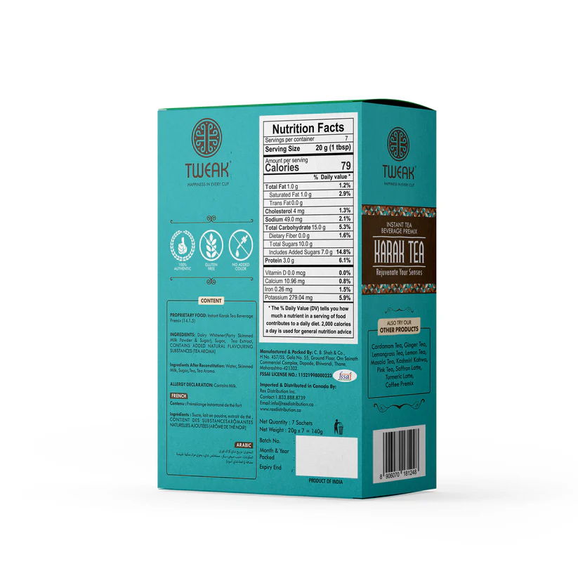 Back of the sachet pack showing ingredients, directions, and nutritional info for Karak chai premix