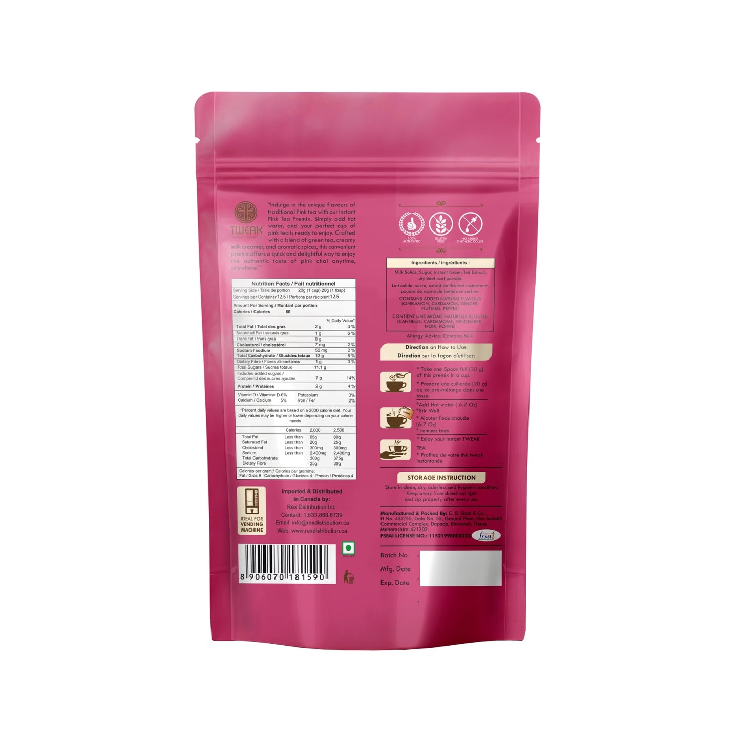Ingredients and directions on the back of Kashmiri Pink Chai pouch