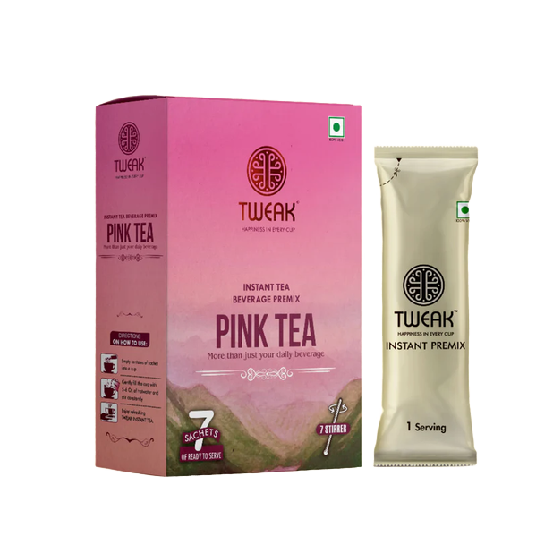 Front of Instant Kashmiri Pink Tea Sachet pack featuring branding, pink color, and product label