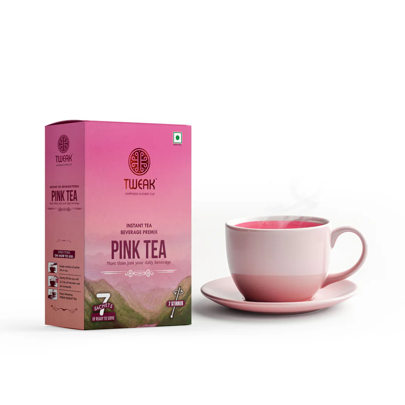 Traditional Kashmiri pink tea in a creamy cup, prepared using instant sachet