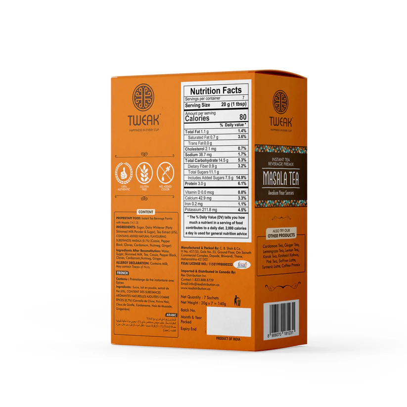 Back of the sachet pack showing ingredient breakdown of Masala Chai premix, featuring Assam tea, cardamom, ginger, clove, cinnamon, and milk solids