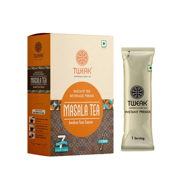 Front of Instant Masala Chai Premix Sachet pack, a single-serve blend of authentic Indian tea, spices, milk, and sugar