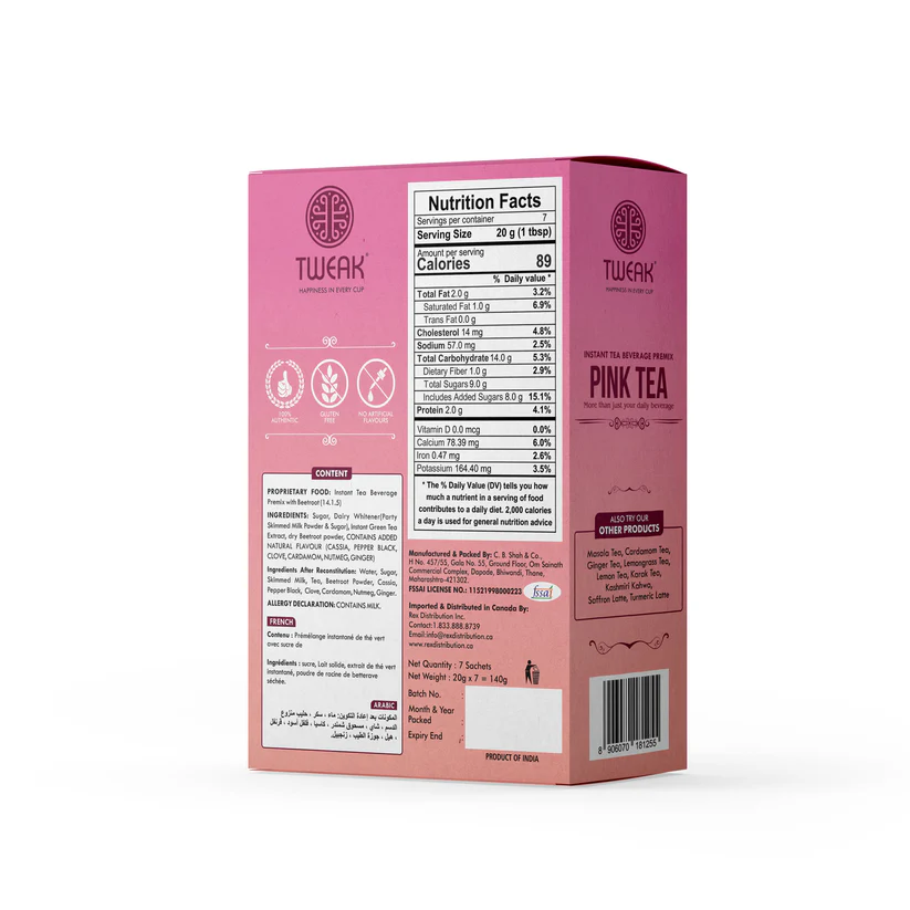 Back of sachet displaying ingredients, instructions, and nutritional details of Kashmiri Pink Tea Premix
