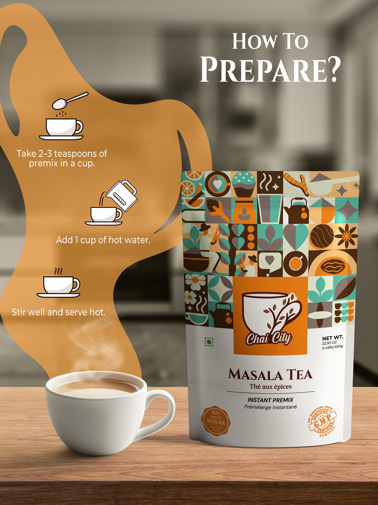 Image showing a spoon scooping instant tea premix from the pouch — part of the “Scoop, Pour, Stir” 3-step guide for making chai easily at home with Chai City.