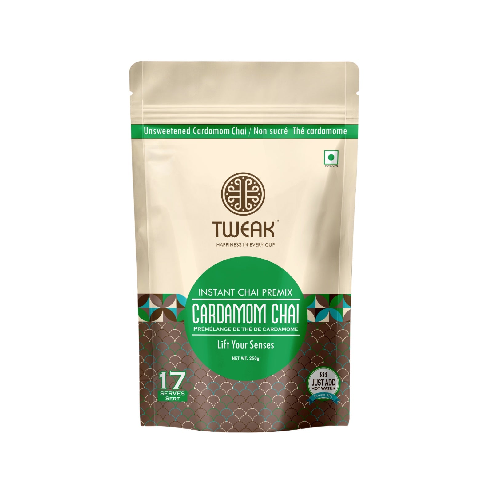Indian-style cardamom tea premix shown next to whole green cardamom pods