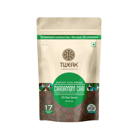 Indian-style cardamom tea premix shown next to whole green cardamom pods