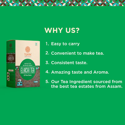 Compact, travel-ready sachets of elaichi chai made with Assam tea, milk solids, and real cardamom