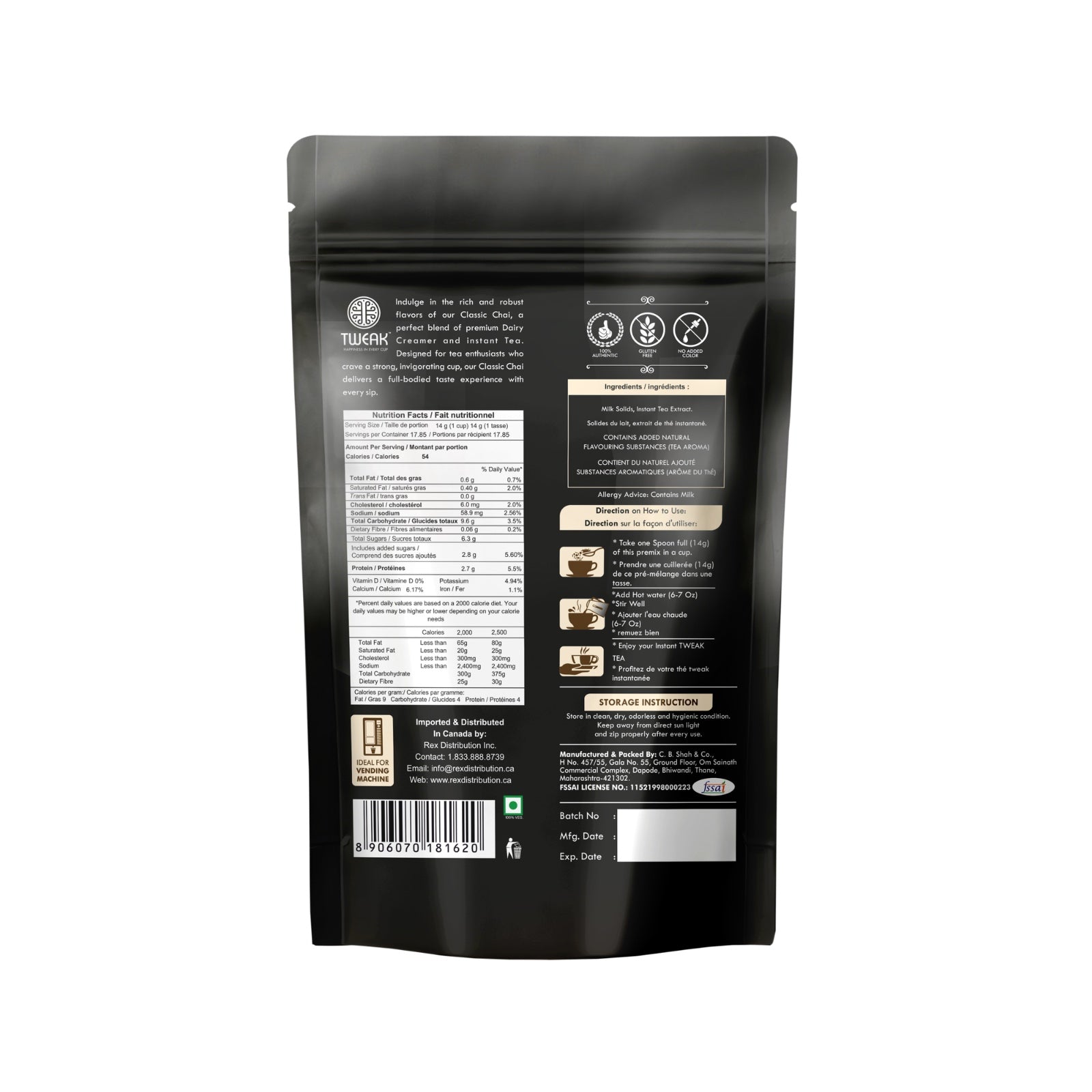 Back of Classic Chai pouch showing ingredients and instructions