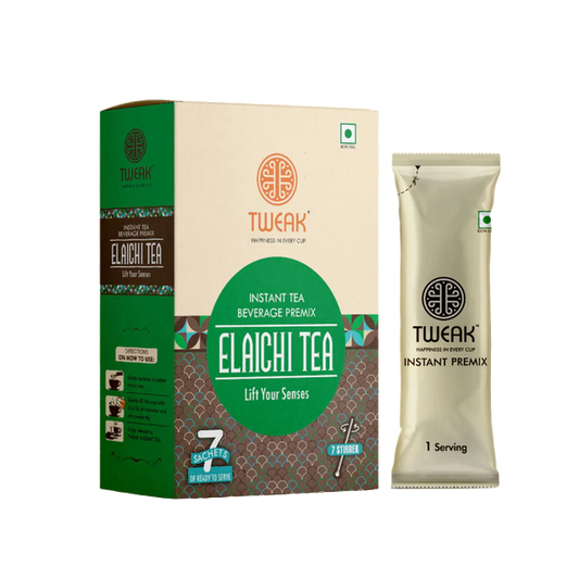 Front of Instant elaichi chai sachet pack with aromatic cardamom and tea extract