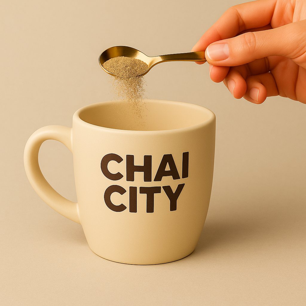 A spoonful of karak chai premix being held above the product pouch, showing simple preparation of karak tea.