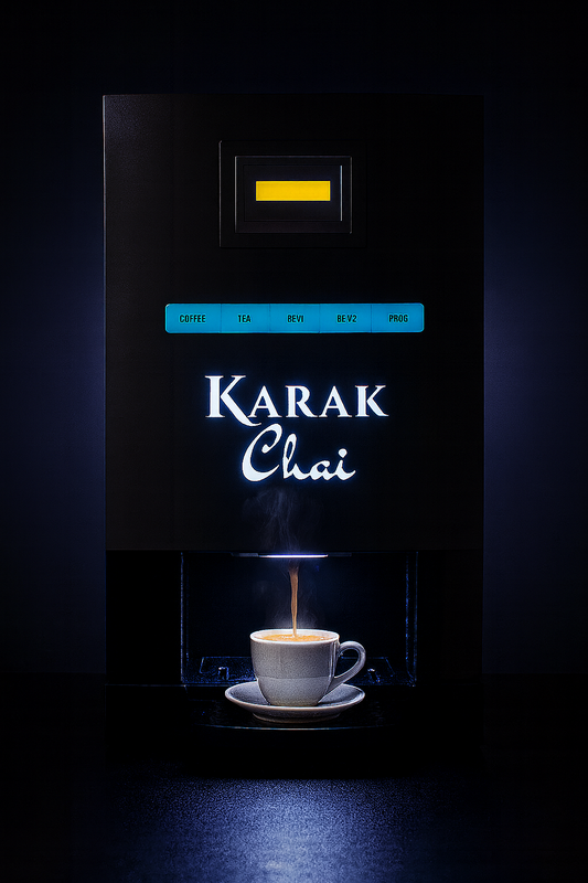 Front view of premium 2 Flavour Instant Chai Machine with tea and coffee dispensing buttons