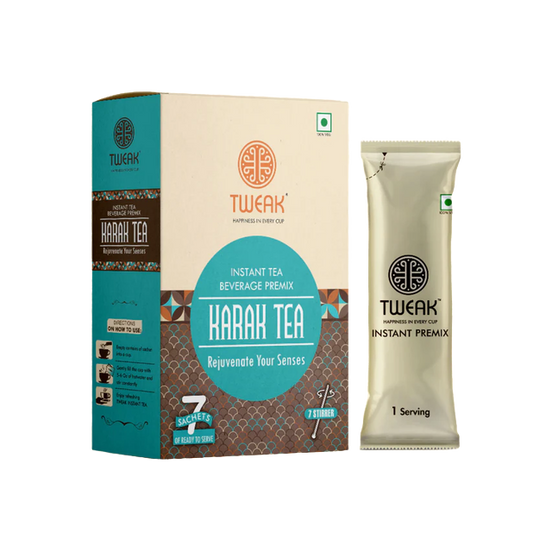 Front of Instant Karak Chai Sachet box, highlighting bold black tea and creamy Indian flavour