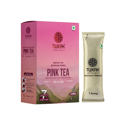 Front of Instant Kashmiri Pink Tea Sachet pack featuring branding, pink color, and product label