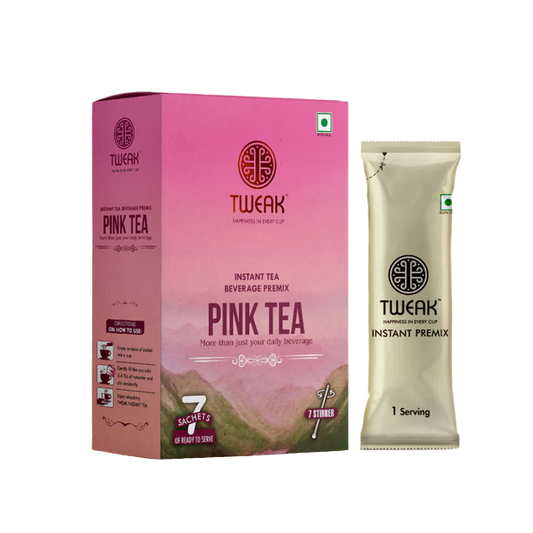 Front of Instant Kashmiri Pink Tea Sachet pack featuring branding, pink color, and product label