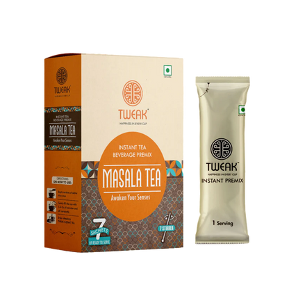 Front of Instant Masala Chai Premix Sachet pack, a single-serve blend of authentic Indian tea, spices, milk, and sugar